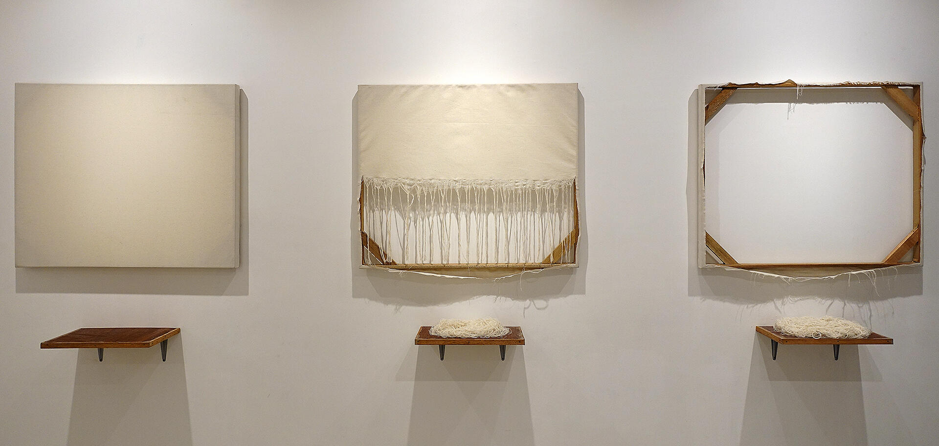 Unravel - Canvas, stretcher, unravelled thread, shelves - 24 x 30 inches (each) (triptych) - 2015
