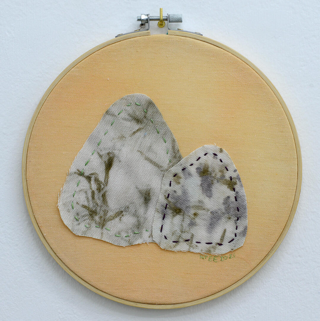Baby Mountains and Landscape Blankets (Annatto) - Thread and eco-dyed textile on embroidery hoop - 8 inches diameter - 2021