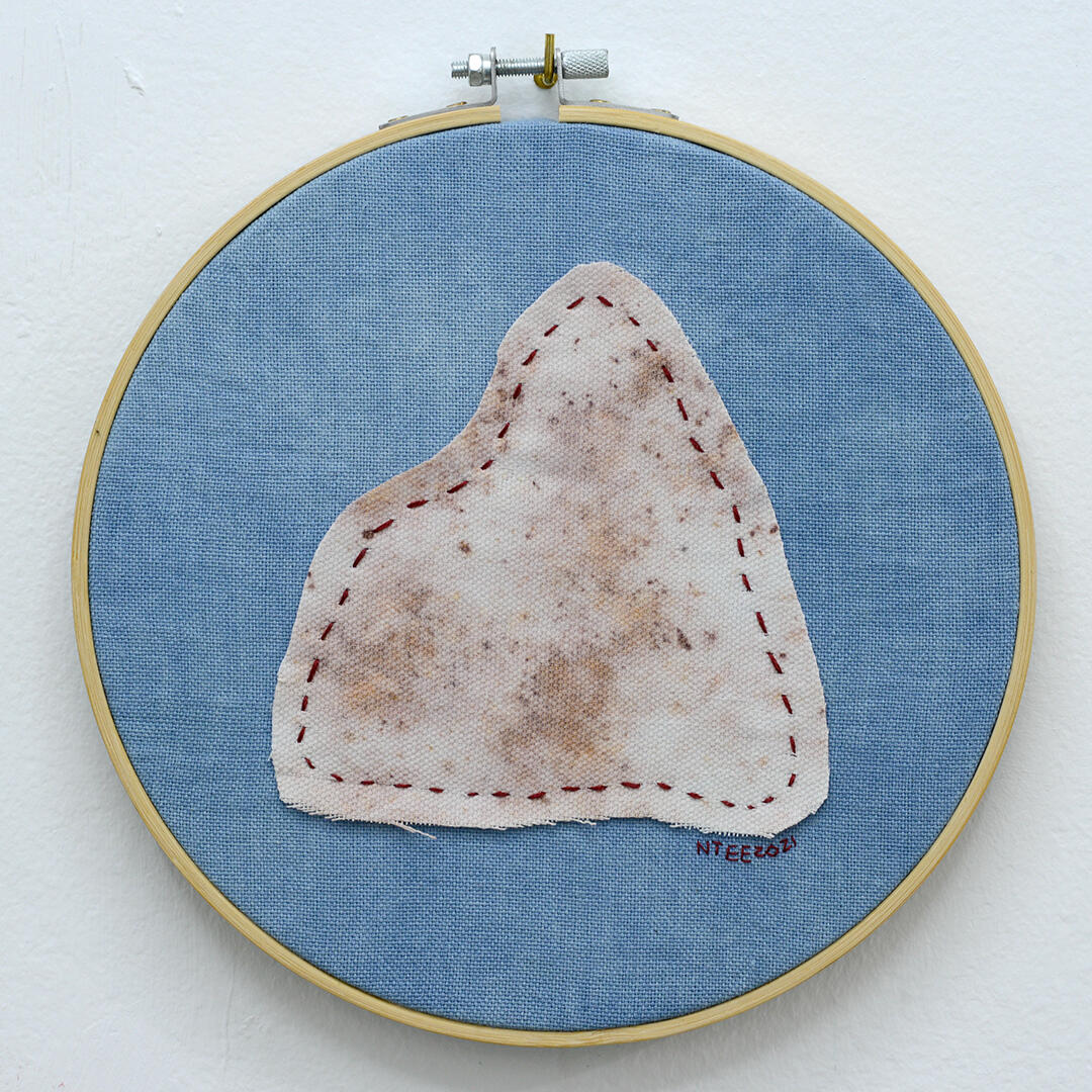 Baby Mountains and Landscape Blankets (Indigo) - Thread and eco-dyed textile on embroidery hoop - 8 inches diameter - 2021