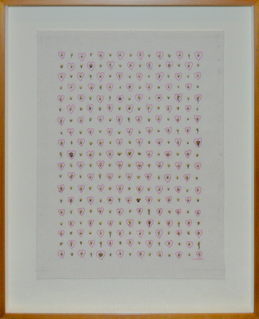 He Loves Me, He Loves Me Not - Dried flowers and embroidery on canvas - 32 x 26 inches (FS) - 2020 for "Searching Sanctuary", Silverlens Gallery (photo courtesy of Silverlens Galleries)