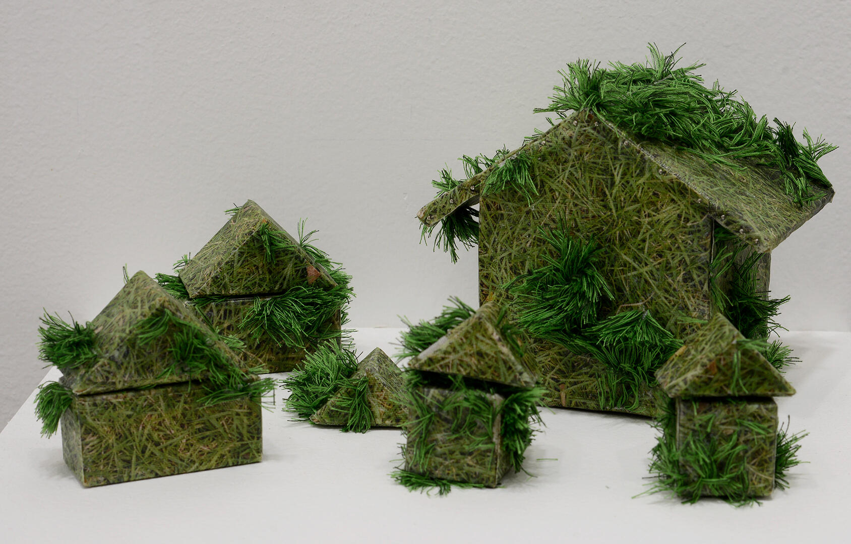 Building a Tiny Home - Thread and photo transfer on linen on wood and wooden blocks - Variable - 2020 for "a. Play b. Work c. ____", West Gallery (photo courtesy of West Gallery)