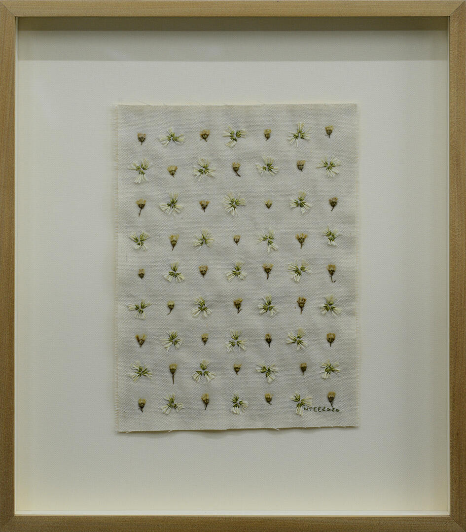 Flower Arrangements - Dried flowers and embroidery on canvas - 16.5 x 14.5 inches (FS) (each) - 2020 for "ALT Philippines 2020" (photo courtesy of West Gallery)