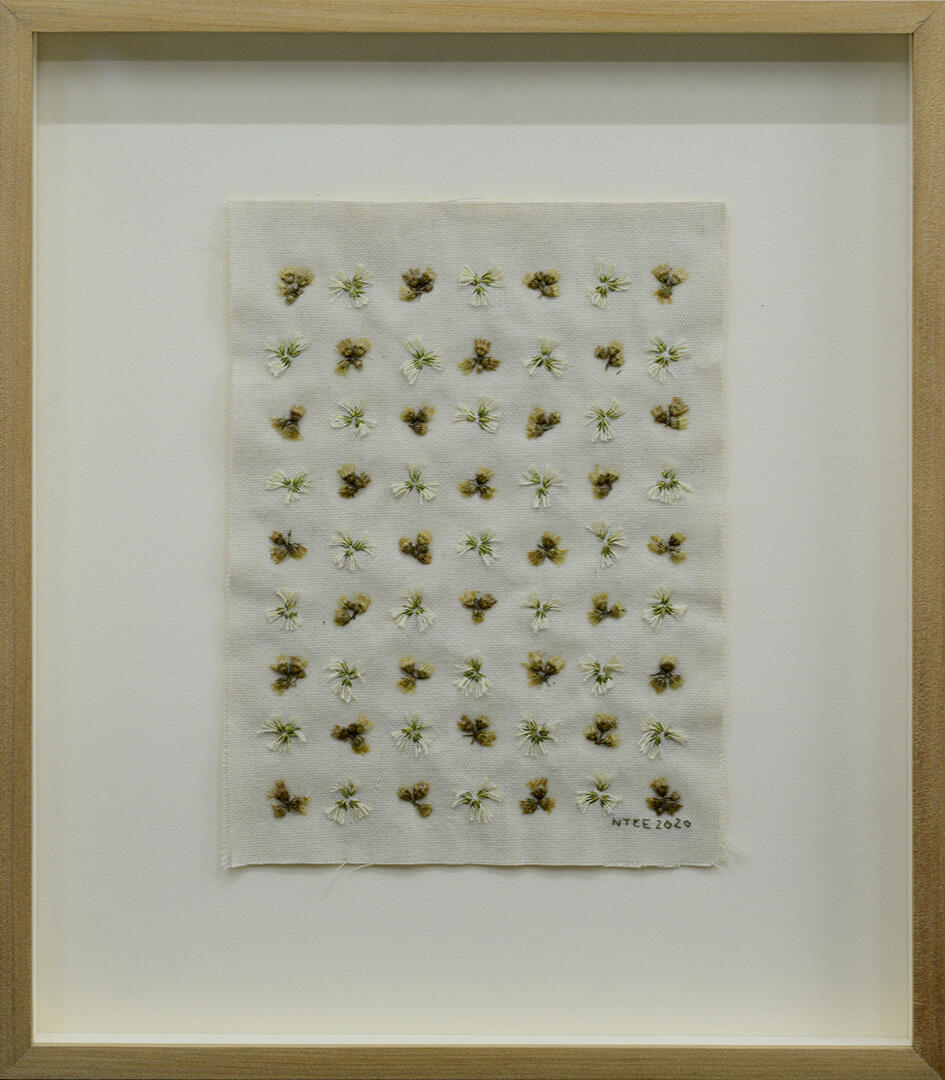 Flower Arrangements - Dried flowers and embroidery on canvas - 16.5 x 14.5 inches (FS) (each) - 2020 for &quot;ALT Philippines 2020&quot; (photo courtesy of West Gallery)