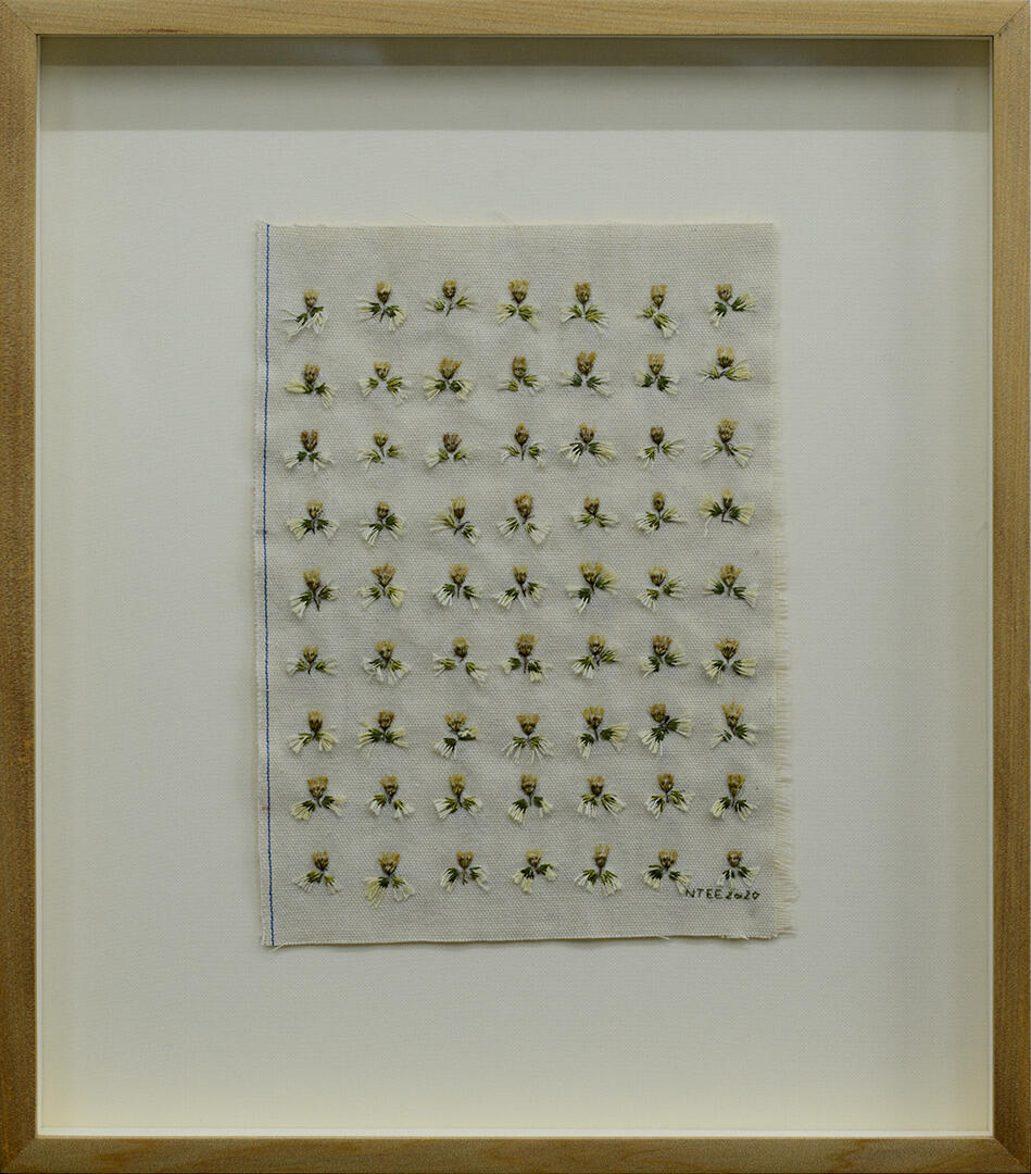 Flower Arrangements - Dried flowers and embroidery on canvas - 16.5 x 14.5 inches (FS) (each) - 2020 for &quot;ALT Philippines 2020&quot; (photo courtesy of West Gallery)