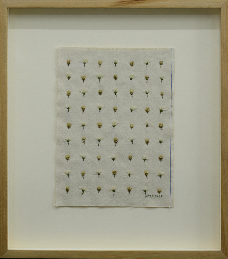 Flower Arrangements - Dried flowers and embroidery on canvas - 16.5 x 14.5 inches (FS) (each) - 2020 for &quot;ALT Philippines 2020&quot; (photo courtesy of West Gallery)