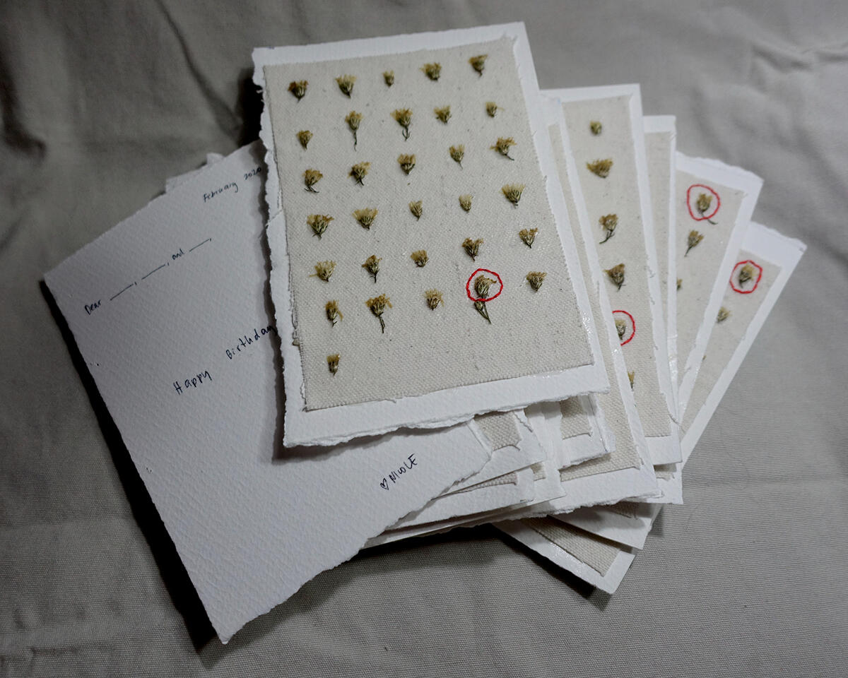 Happy Birthday 2020 - Dried flowers, thread, canvas and pen on paper - 6 x 4 inches (each) - 2019 for &quot;Anyway Anyhow Anywhere&quot;, Underground Gallery