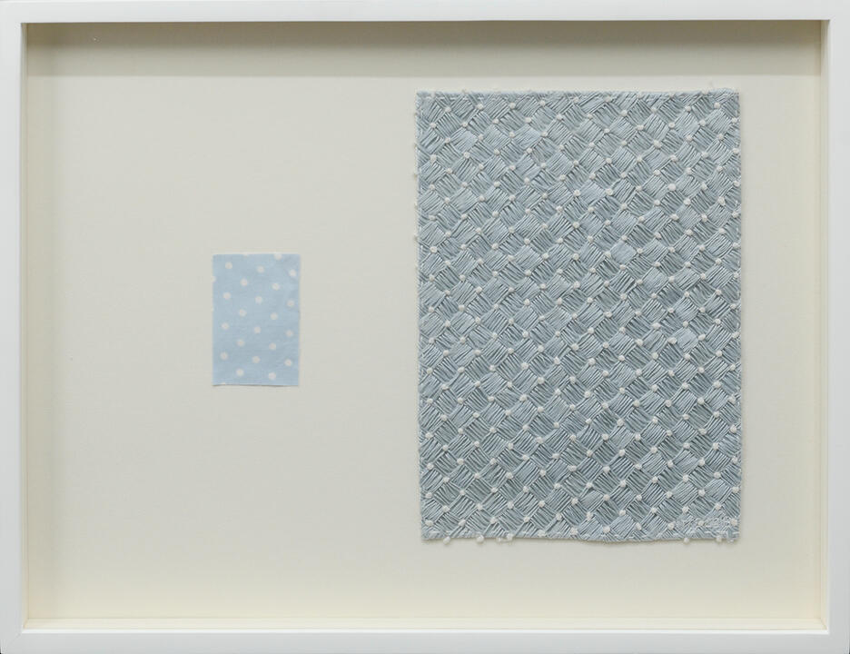Imitation Exercise (Blue and White Knots) - Textile, thread and photo transfer on lines - 15 x 19.5 inches (FS) - 2018 for "Art Fair Philippines 2018", West Gallery (photo courtesy of West Gallery)