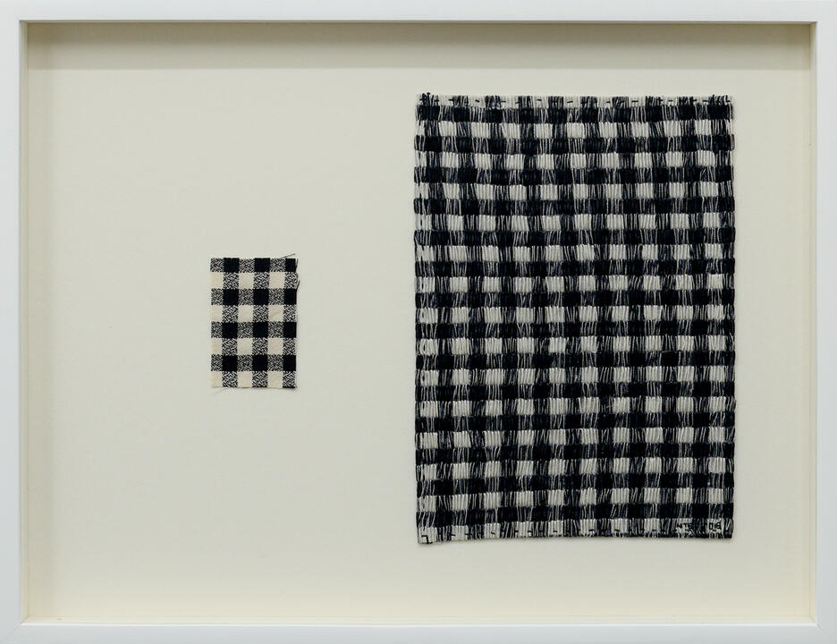 Imitation Exercise (Monochrome Plaid) - Textile, thread and photo transfer on lines - 15 x 19.5 inches (FS) - 2018 for &quot;Art Fair Philippines 2018&quot;, West Gallery (photo courtesy of West Gallery)