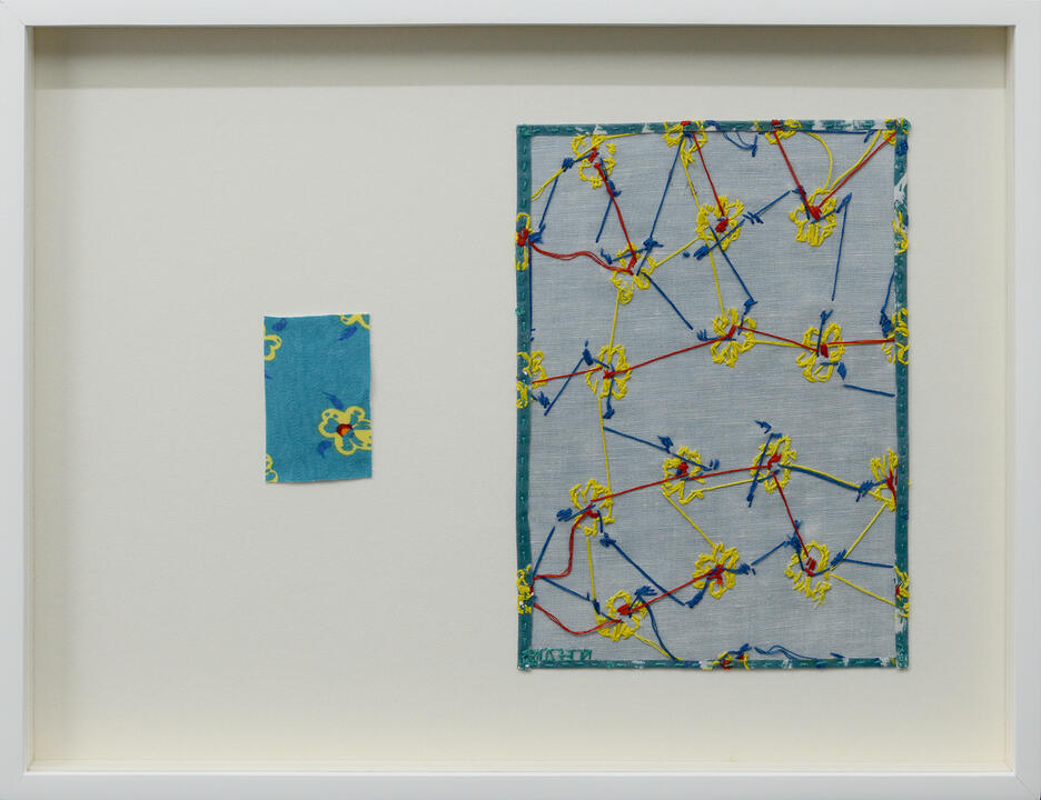 Imitation Exercise Behind the Scenes (Green) - Textile, thread and photo transfer on lines - 15 x 19.5 inches (FS) - 2018 for "Art Fair Philippines 2018", West Gallery (photo courtesy of West Gallery)