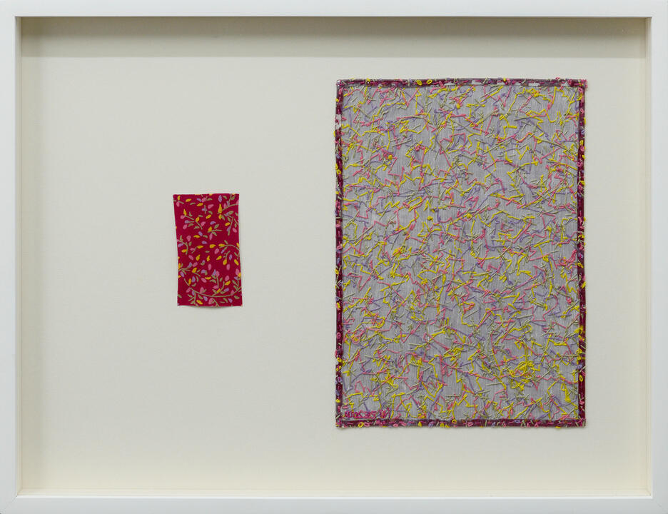 Imitation Exercise Behind the Scenes (Pink) - Textile, thread and photo transfer on lines - 15 x 19.5 inches (FS) - 2018 for "Art Fair Philippines 2018", West Gallery (photo courtesy of West Gallery)