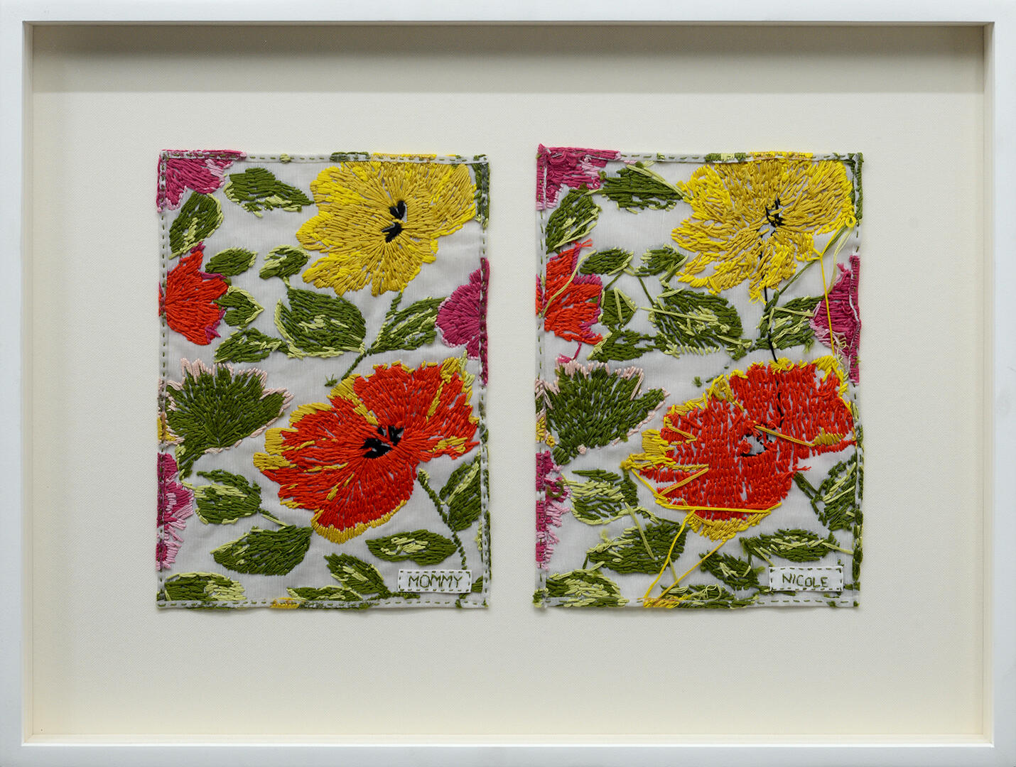 Mommy and Me - Thread and photo transfer on linen collaboration with artist_s mother - 22.5 x 17 inches (FS) - 2018 for &quot;Home Making&quot;, West Gallery (photo courtesy of West Gallery)