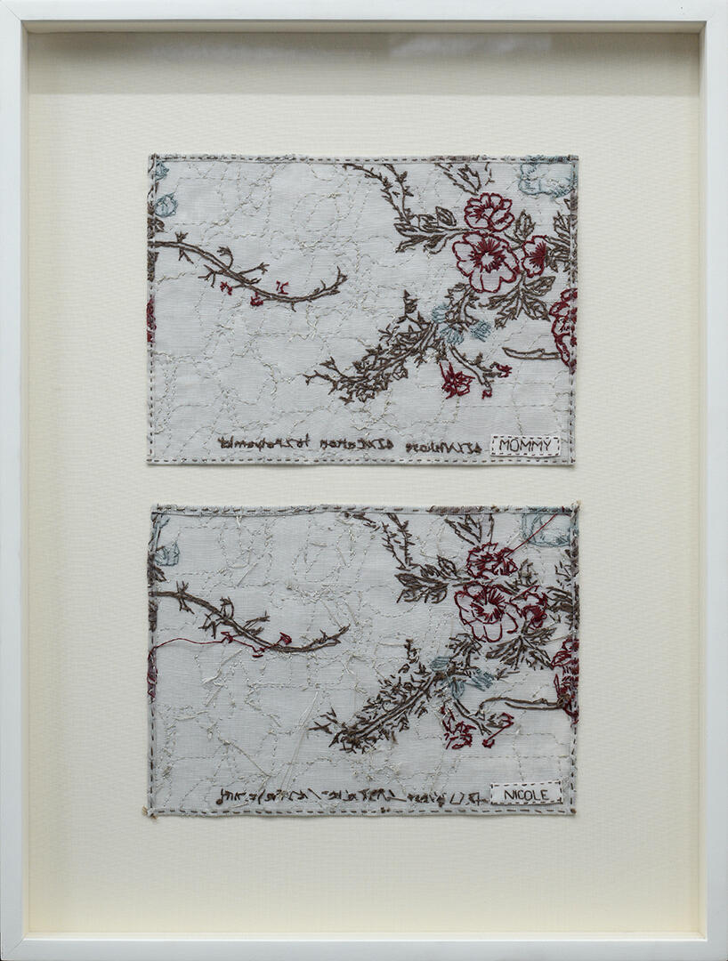 Mommy and Me - Thread and photo transfer on linen collaboration with artist_s mother - 22.5 x 17 inches (FS) - 2018 for "Home Making", West Gallery (photo courtesy of West Gallery)