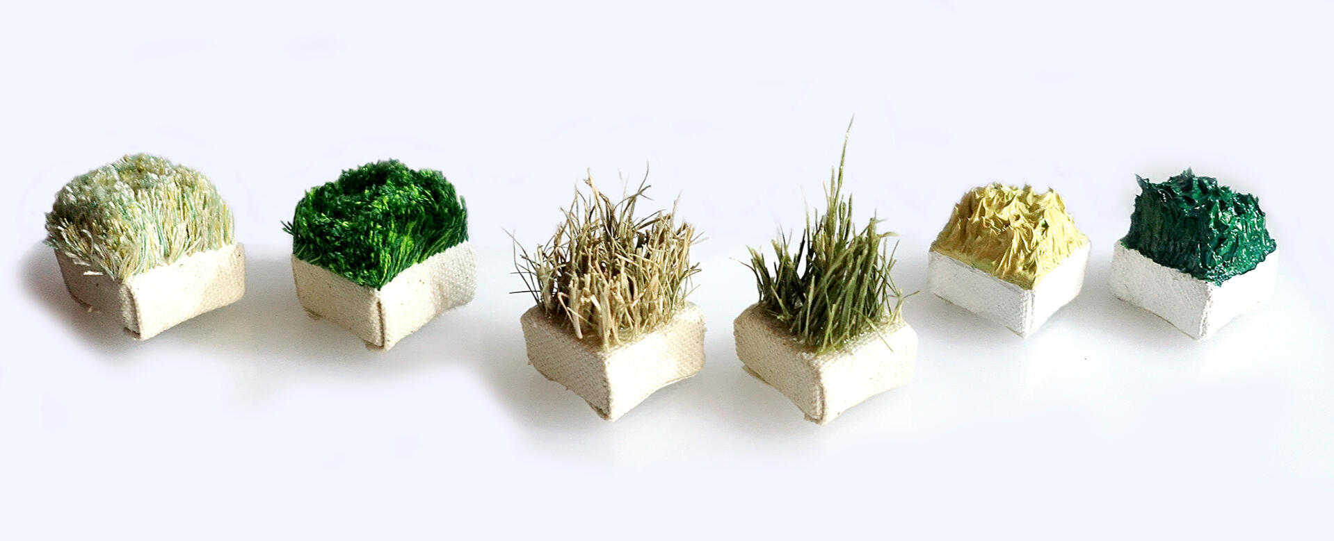 Offshoots - Thread on canvas, Grass on canvas, Oil on canvas - 1 x 1 inch each - 2017 for &quot;Per Square Inch&quot;, The Drawing Room