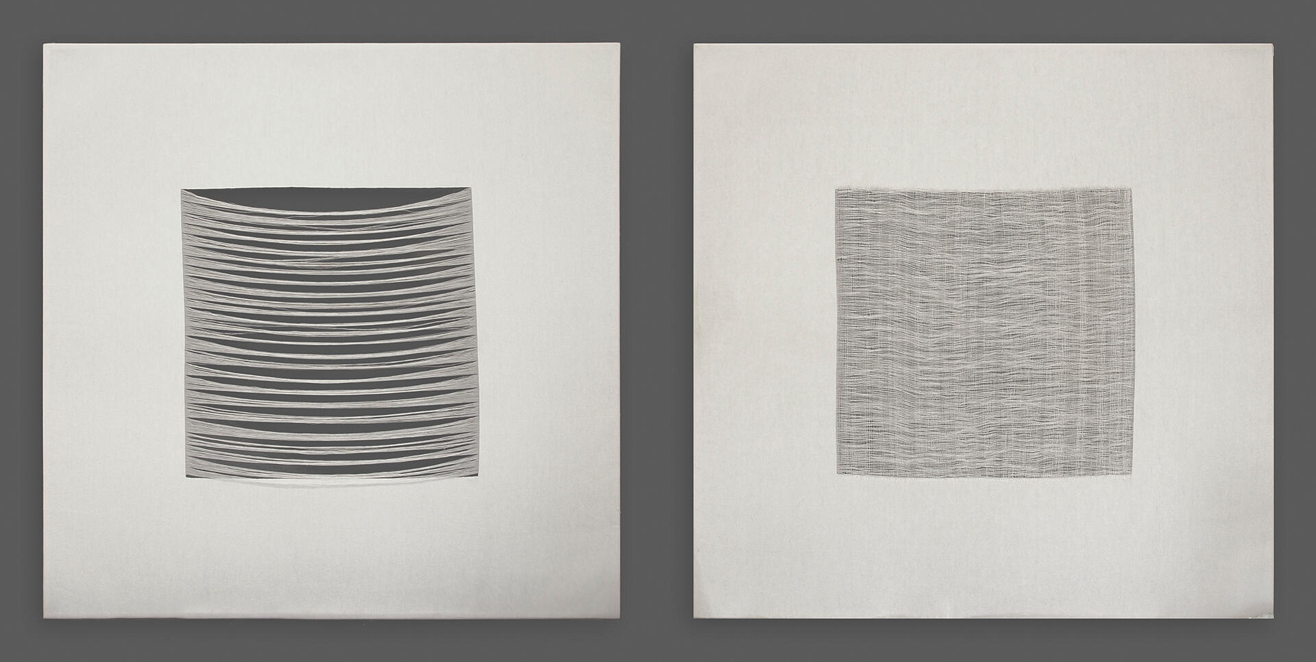 Not Quite Undone - 3 x 3 feet (each) - Canvas, stretcher, thread - 2017 for "other things in the world", Artinformal (photo courtesy of Artinformal)