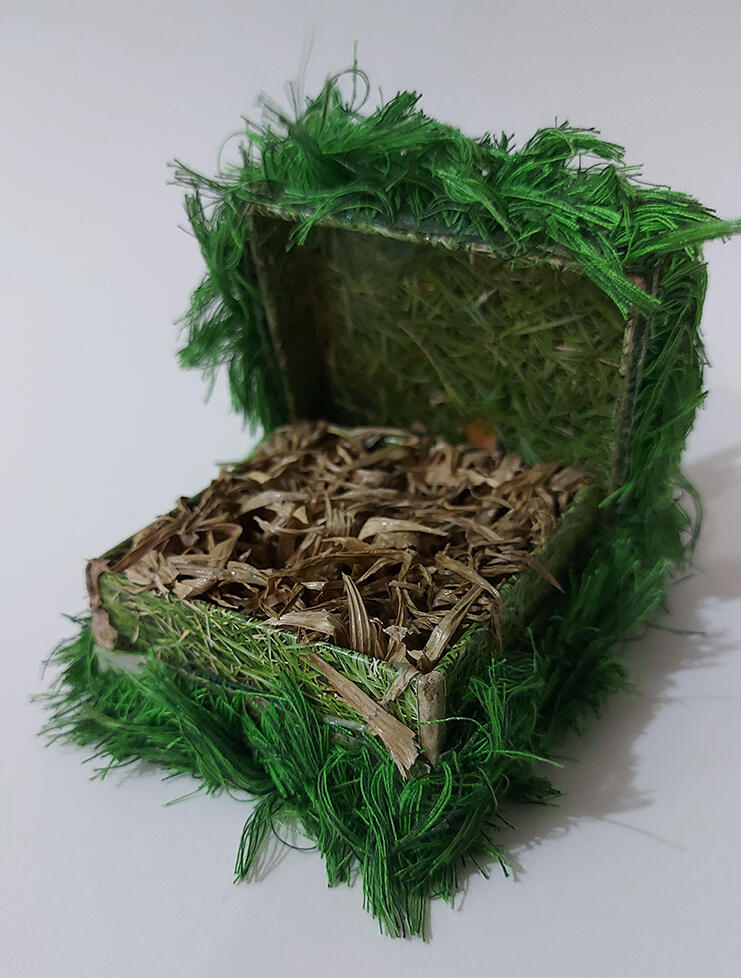 FOR JEF: Dead Inside - Thread, dried grass, box - 2018 (photo courtesy of Jef)