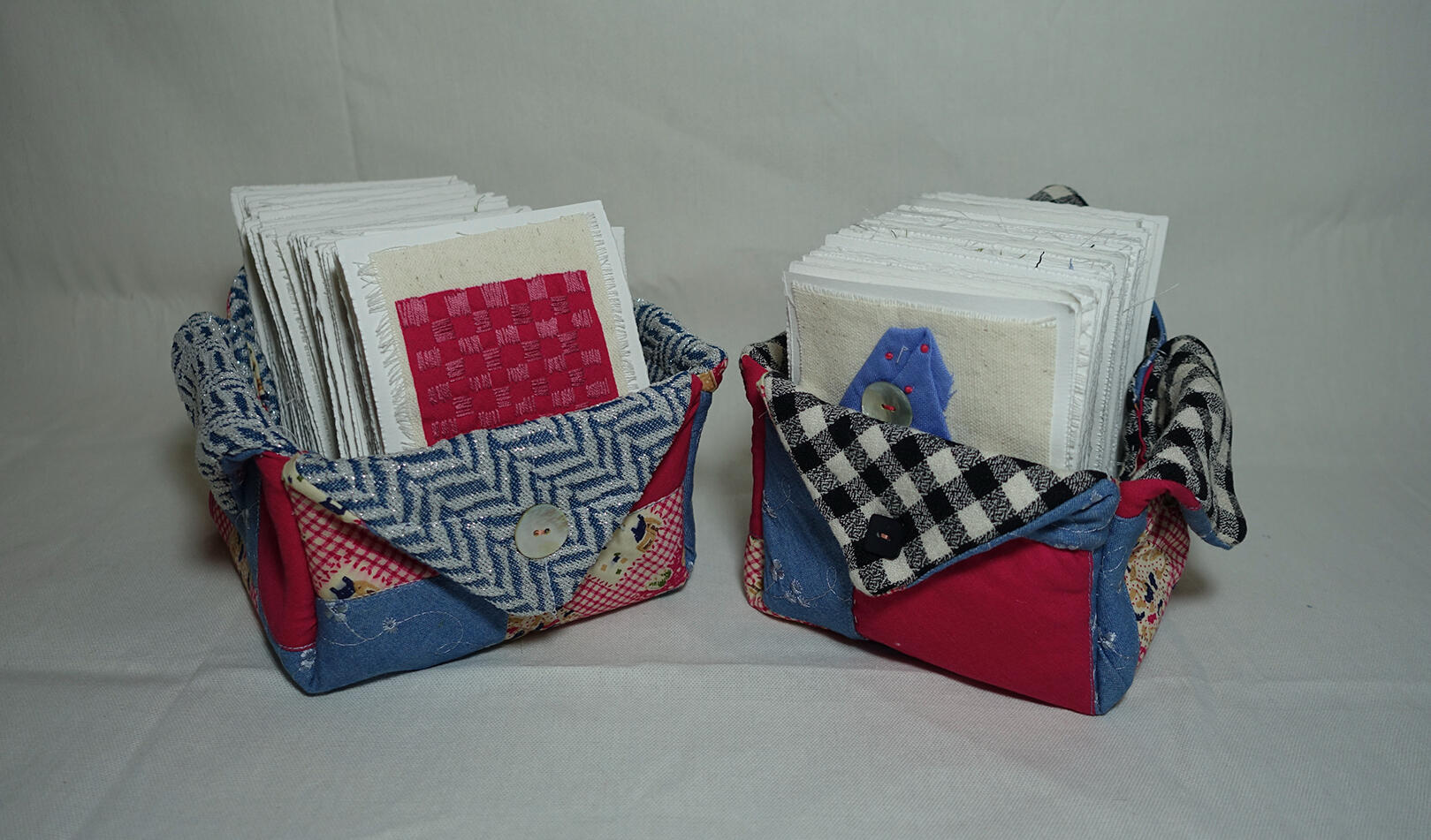 FOR ZEAN: Letters about Baby Steps and How I Tried - Thread, textile, buttons on paper in textile boxes - approx. 6 x 4.25 inches each (postcard), approx. 8 x 8 x 7 inches (box) - 2020