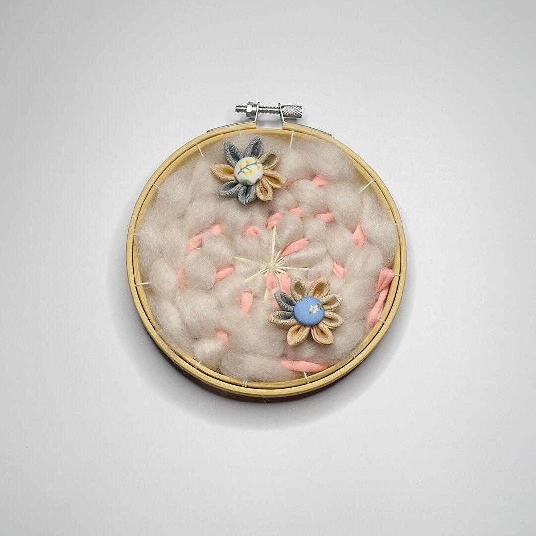 Flowering Patch 4 - Yarn, embroidery hoop, naturally dyed textile and buttons - 5.5 inches diameter - 2022 for &quot;Beneath the Common Surface&quot;, Kaida Contemporary