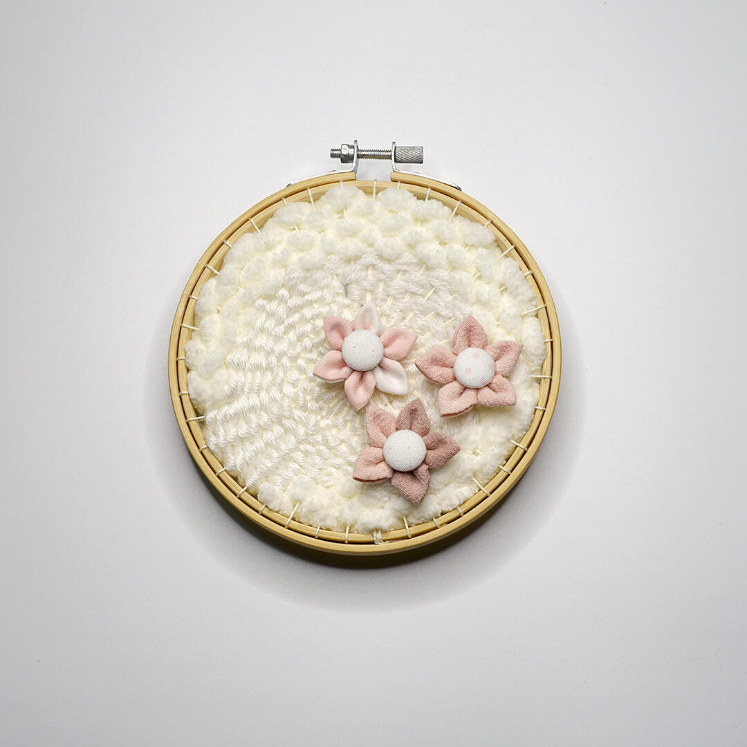 Flowering Patch 5 - Yarn, embroidery hoop, naturally dyed textile and buttons - 5.5 inches diameter - 2022 for "Beneath the Common Surface", Kaida Contemporary