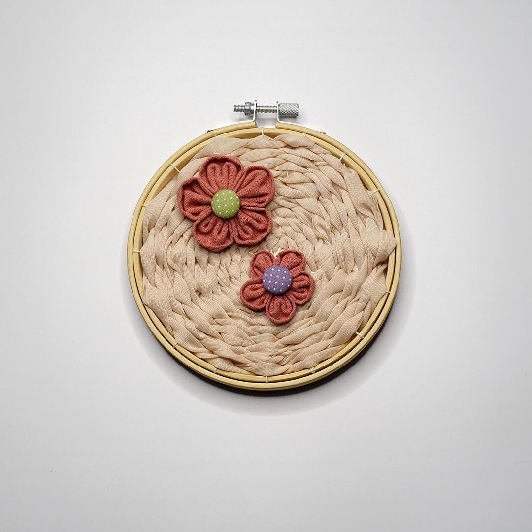 Flowering Patch 3 - Yarn, embroidery hoop, naturally dyed textile and buttons - 5.5 inches diameter - 2022 for &quot;Beneath the Common Surface&quot;, Kaida Contemporary