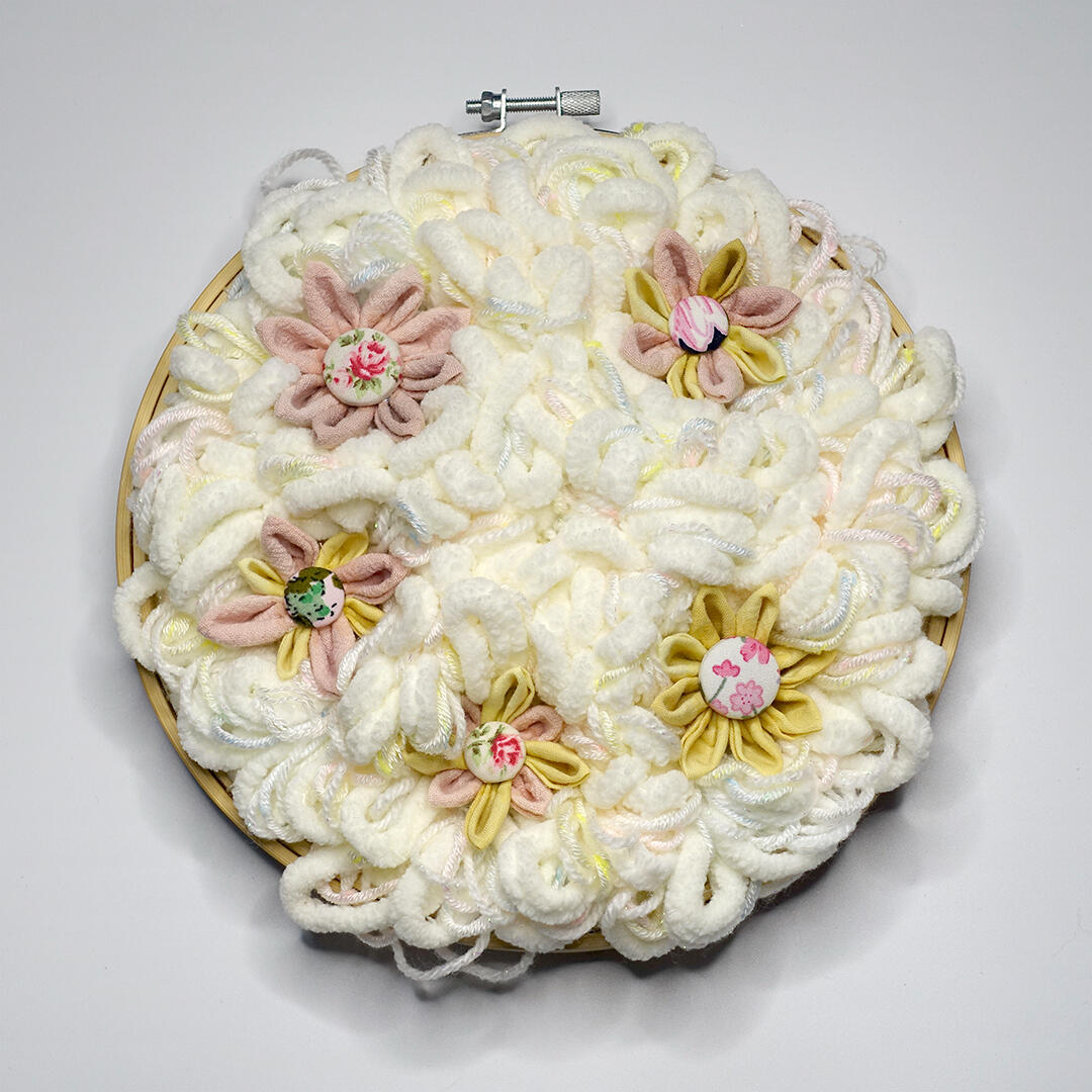 Flowering Patch 1 - Yarn, embroidery hoop, naturally dyed textile and buttons - 8 inches diameter - 2022 for &quot;Beneath the Common Surface&quot;, Kaida Contemporary