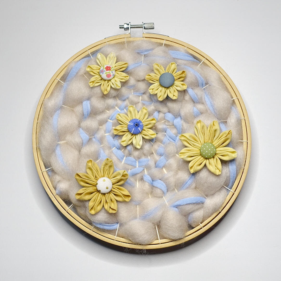Flowering Patch 2 - Yarn, embroidery hoop, naturally dyed textile and buttons - 8 inches diameter - 2022 for &quot;Beneath the Common Surface&quot;, Kaida Contemporary
