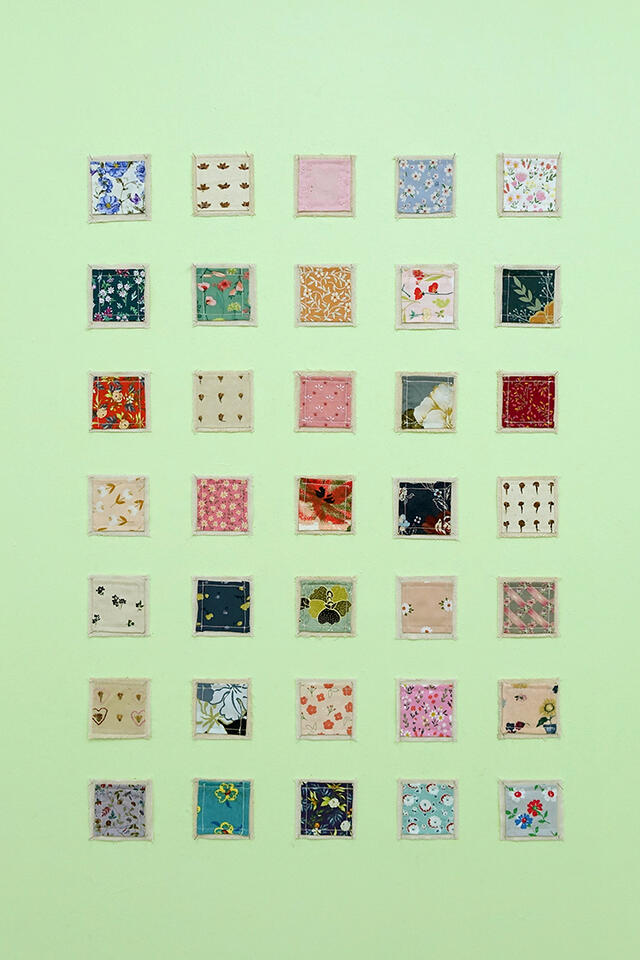 A time to plant, And a time to pluck what is planted (Flower Patches) - Textile on canvas - 3 x 3 inches (each, 35 pieces) - 2021-2022