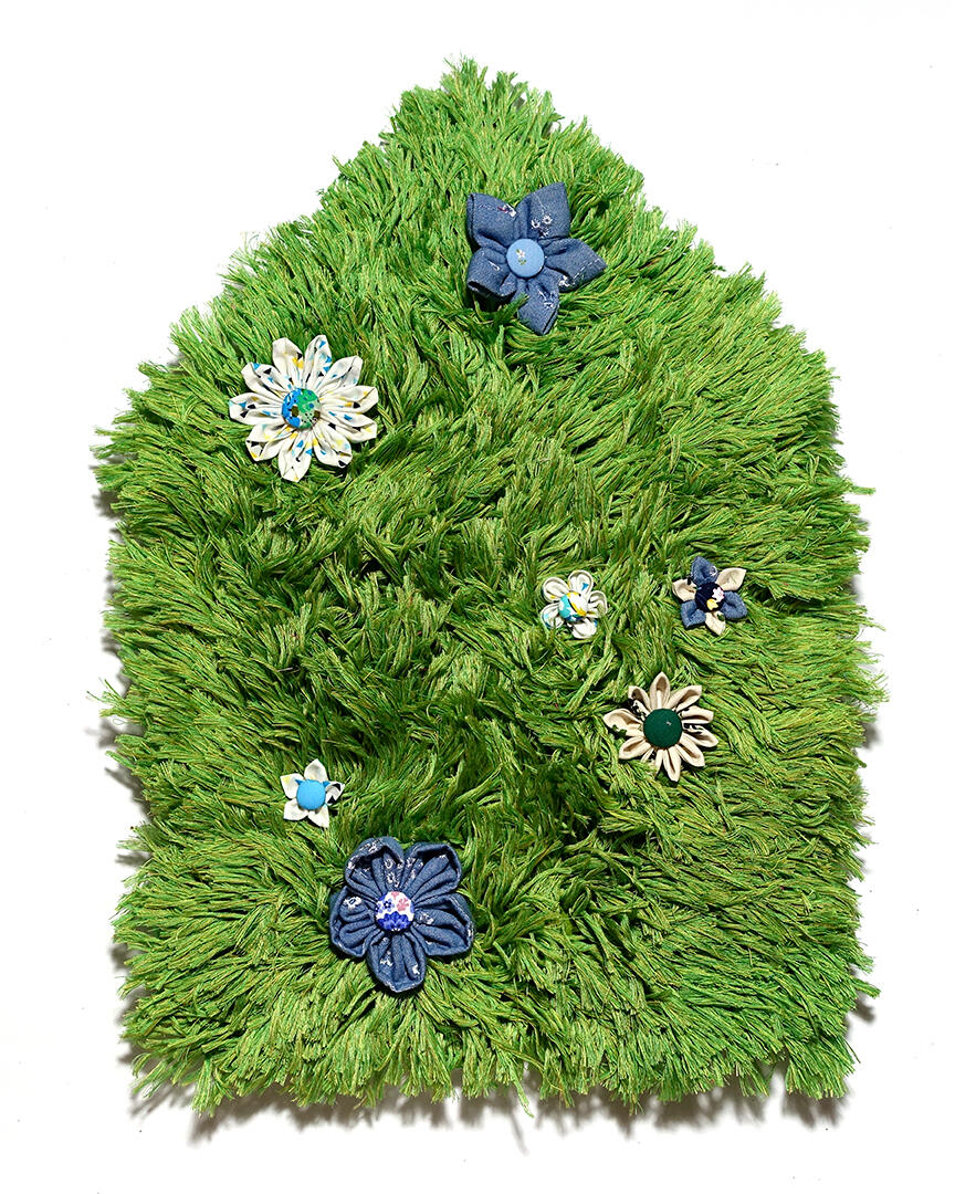 A Green House with Cool Blooms - Thread, textile, buttons - 20 x 14 inches - 2023 for "Xavier School Art Fest", Tin-aw Art Gallery