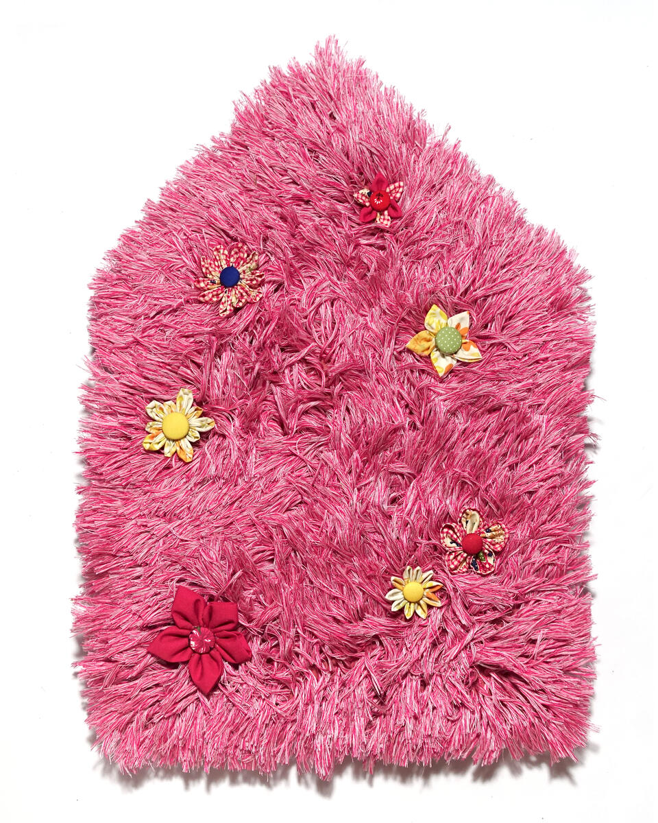 A Pink House with Warm Blooms- Thread, textile, buttons - 20 x 14 inches - 2023 for &quot;Xavier School Art Fest&quot;, Tin-aw Art Gallery
