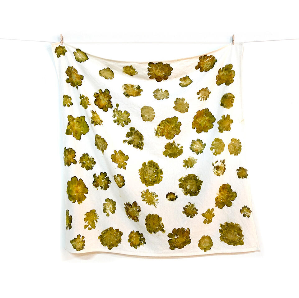 Picking Marigolds during Noon - Pounded flowers on textile - 24.5 x 24.5 inches - 2023