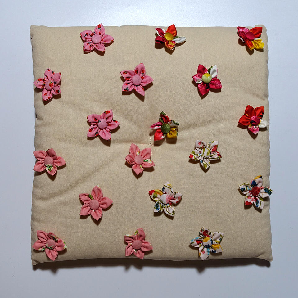 Flower Bed - Fabric flowers on cotton linen and fiberfill - 14 x 14 inches - 2023