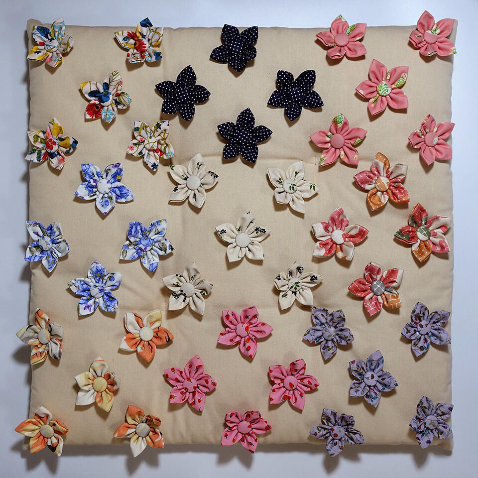 Flower Bed - Fabric flowers on cotton linen and fiberfill - 22 x 22 inches - 2023