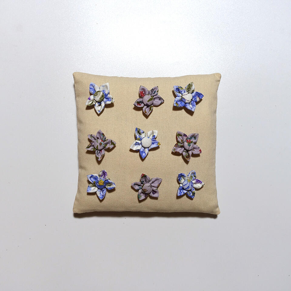 Flower Bed - Fabric flowers on cotton linen and fiberfill - 7 x 7 inches - 2023