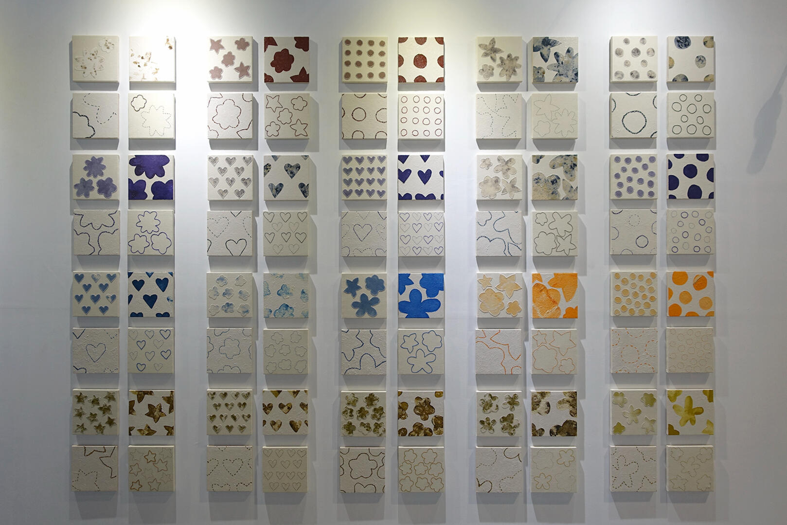 Again and Again - Oil on canvas, naturally-dyed textile on linen, embroidery on linen - 8 x 8 inches (each) (80 pieces) - 2024 for "ALT Philippines 2024", Underground Gallery