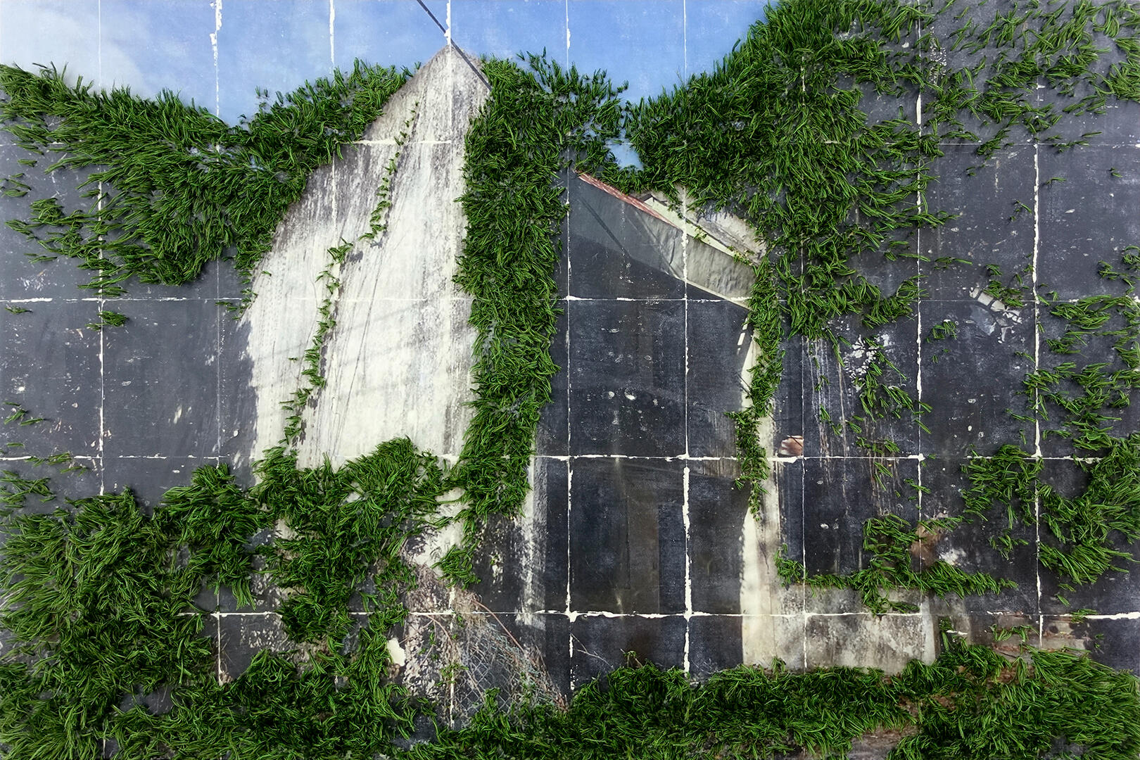 Life, uh, finds a way (After Zean Cabangis) - Thread and photo transfer on linen - 4 x 6 feet - 2023 for &quot;Un/Happy Endings&quot;, The Drawing Room