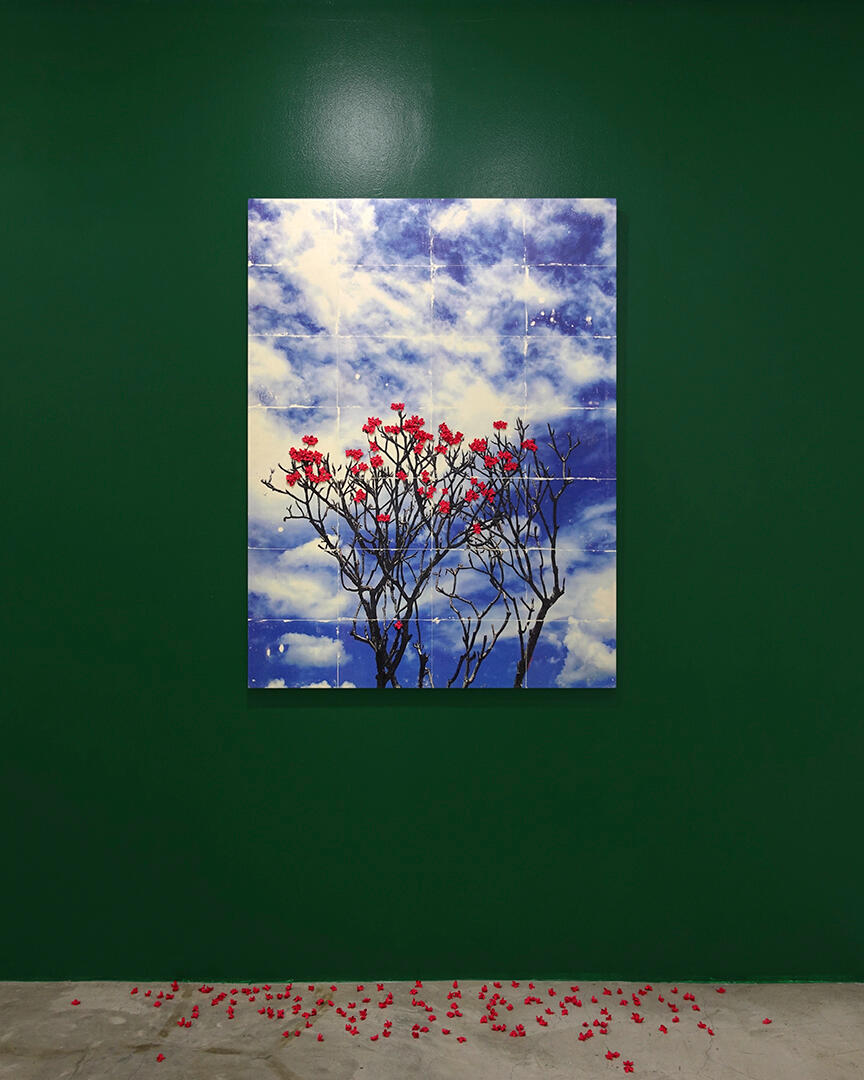 The Flower that Blooms in Adversity - Fabric flowers and photo transfer on linen - 4 x 3 feet - 2023 for &quot;There are always flowers for those who want to see them&quot;, West Gallery