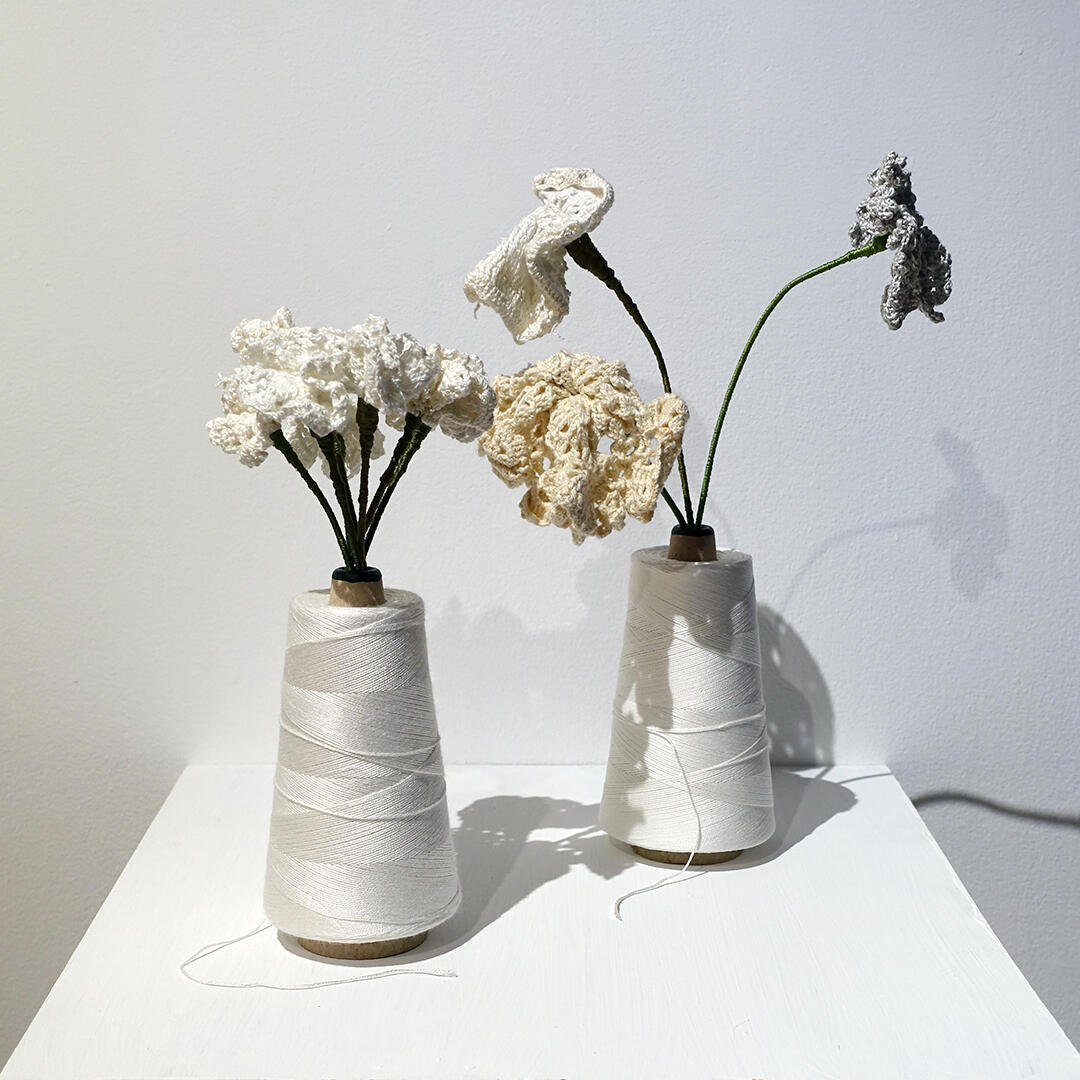 Nanay&#39;s Everlasting Flowers - Found crochet offcuts, floral wire, embroidery thread and cones of crochet thread - Approx 14 x 4 x 4 inches, approx 11 x 4 x 4 inches - 2023 for &quot;Come/Home&quot;, Gravity Art Space
