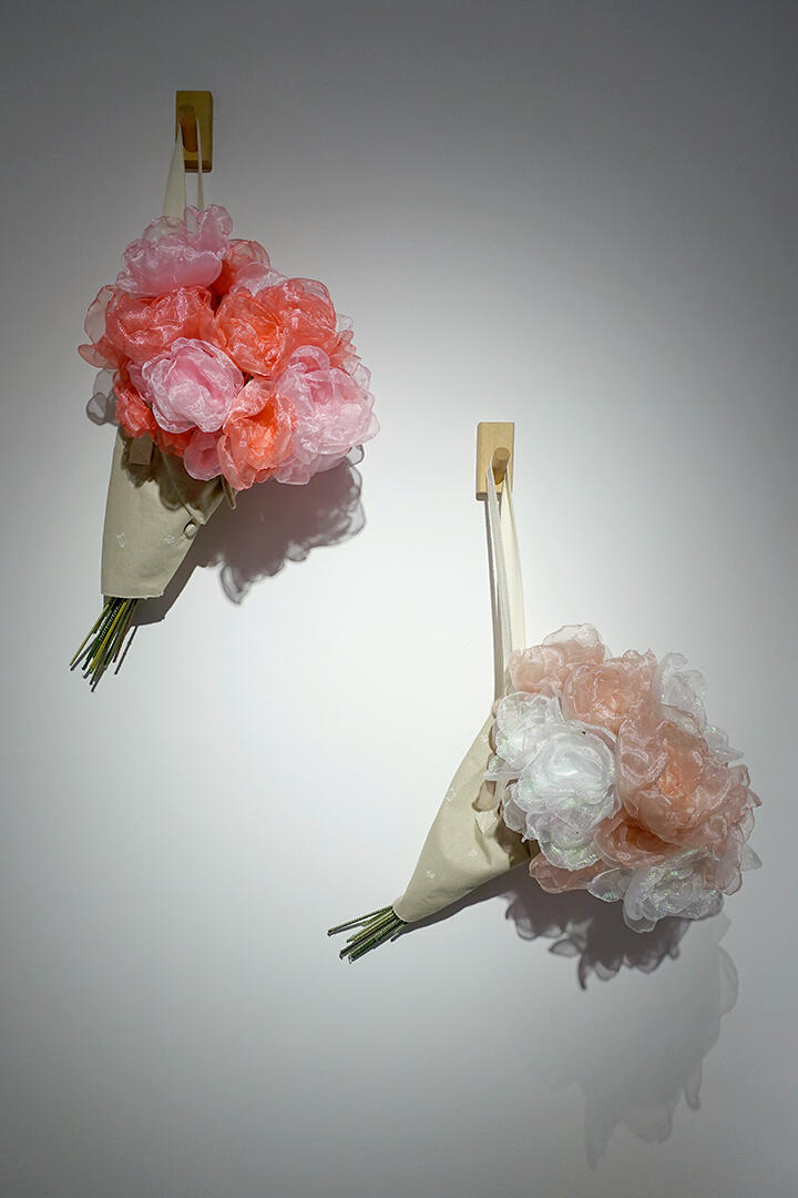 Everlasting - Organza, floral wire, embroidery thread and hand-guided machine embroidered linen bouquet bags - Approx 27 x 14 x 12 inches (each) - 2023 for &quot;Come/Home&quot;, Gravity Art Space