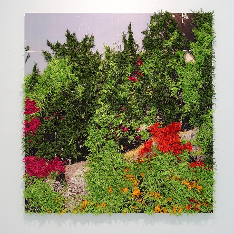 Lush (After Kitty Kaburo) - Thread and photo transfer on linen - 48 x 45 inches - 2024