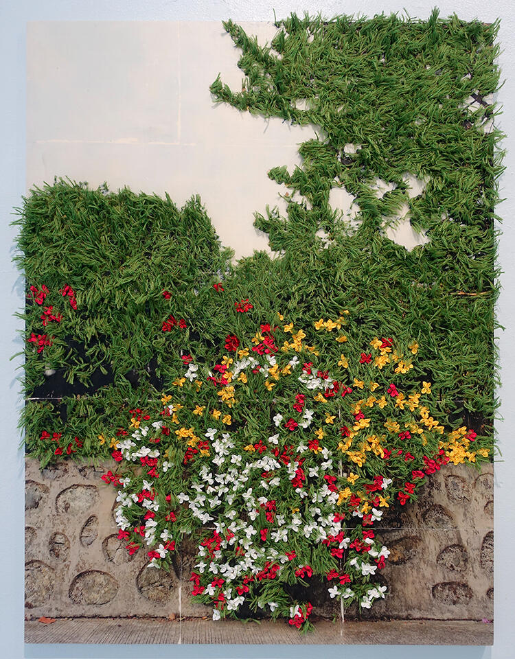 Flowers Along the Way I - Thread and photo transfer on linen - 4 x 3 feet - 2024