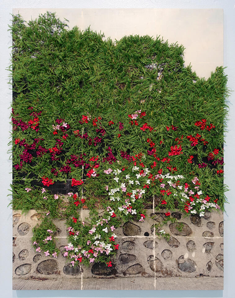 Flowers Along the Way II - Thread and photo transfer on linen - 4 x 3 feet - 2024_1