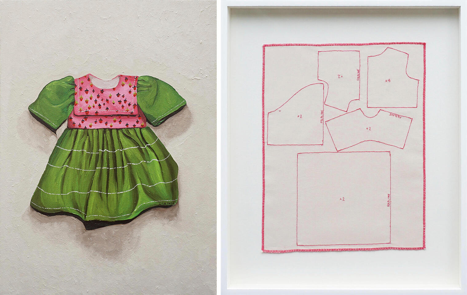 I want to be a girl in a garden dress - Oil on canvas / Thread on fabric - 24 x 18 inches / 24.75 x 20.75 inches (diptych) - 2024
