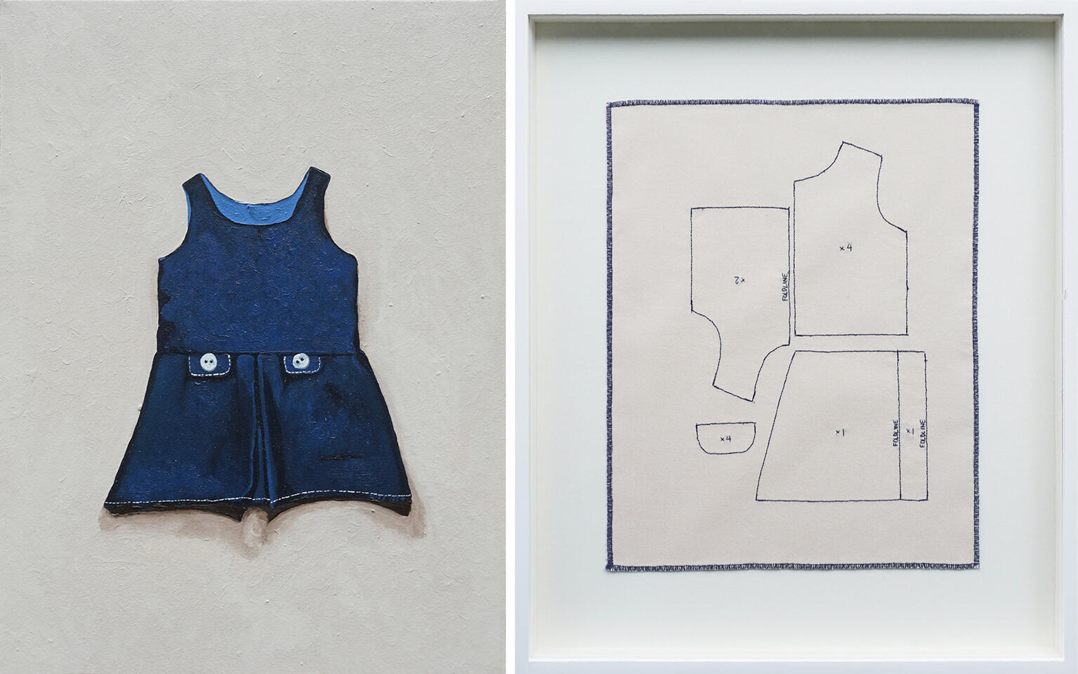 I want to be a girl in a blue jumper - Oil on canvas / Thread on fabric - 24 x 18 inches / 24.75 x 20.75 inches (diptych) - 2024