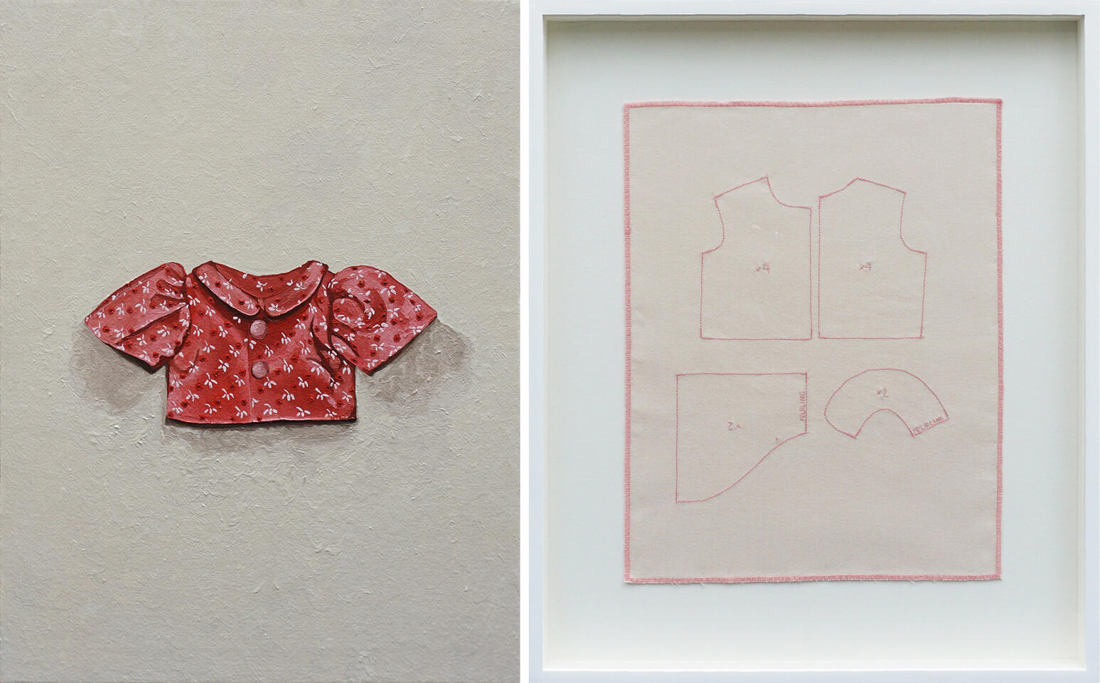 I want to be a girl in a spring blouse - Oil on canvas / Thread on fabric - 24 x 18 inches / 24.75 x 20.75 inches (diptych) - 2024