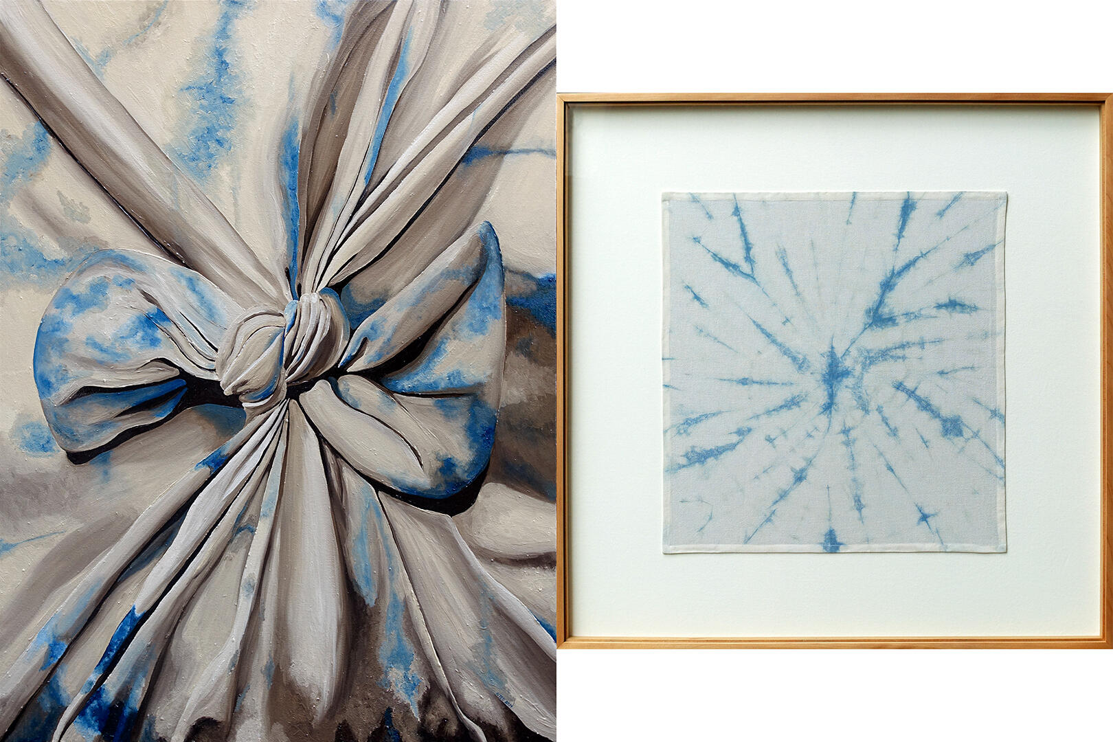 Wrapping and Unwrapping (Indigo) - Oil on canvas, Naturally-dyed fabric - 4 x 3 feet, 36.75 x 36.75 inches - 2024 for &quot;When Things Are Quiet&quot;, Mark Bumgarner Studio