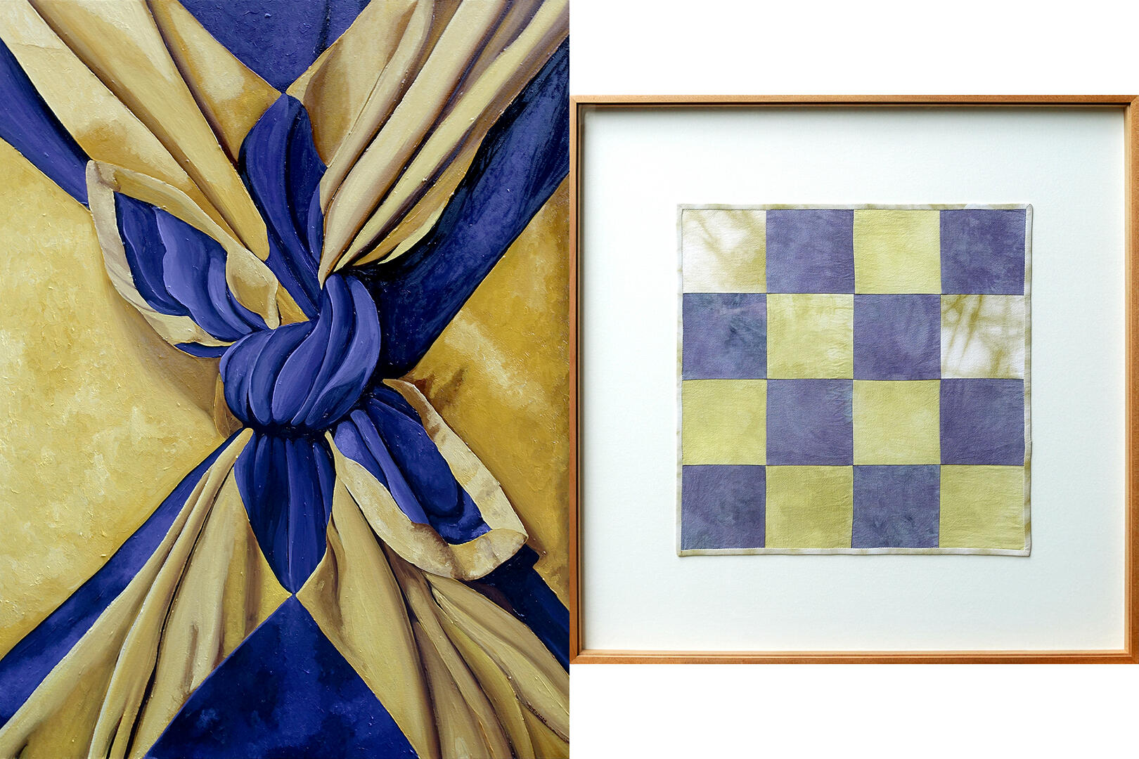 Wrapping and Unwrapping (Weld and Logwood) - Oil on canvas, Naturally-dyed fabric - 4 x 3 feet, 36.75 x 36.75 inches - 2024 for &quot;When Things Are Quiet&quot;, Mark Bumgarner Studio