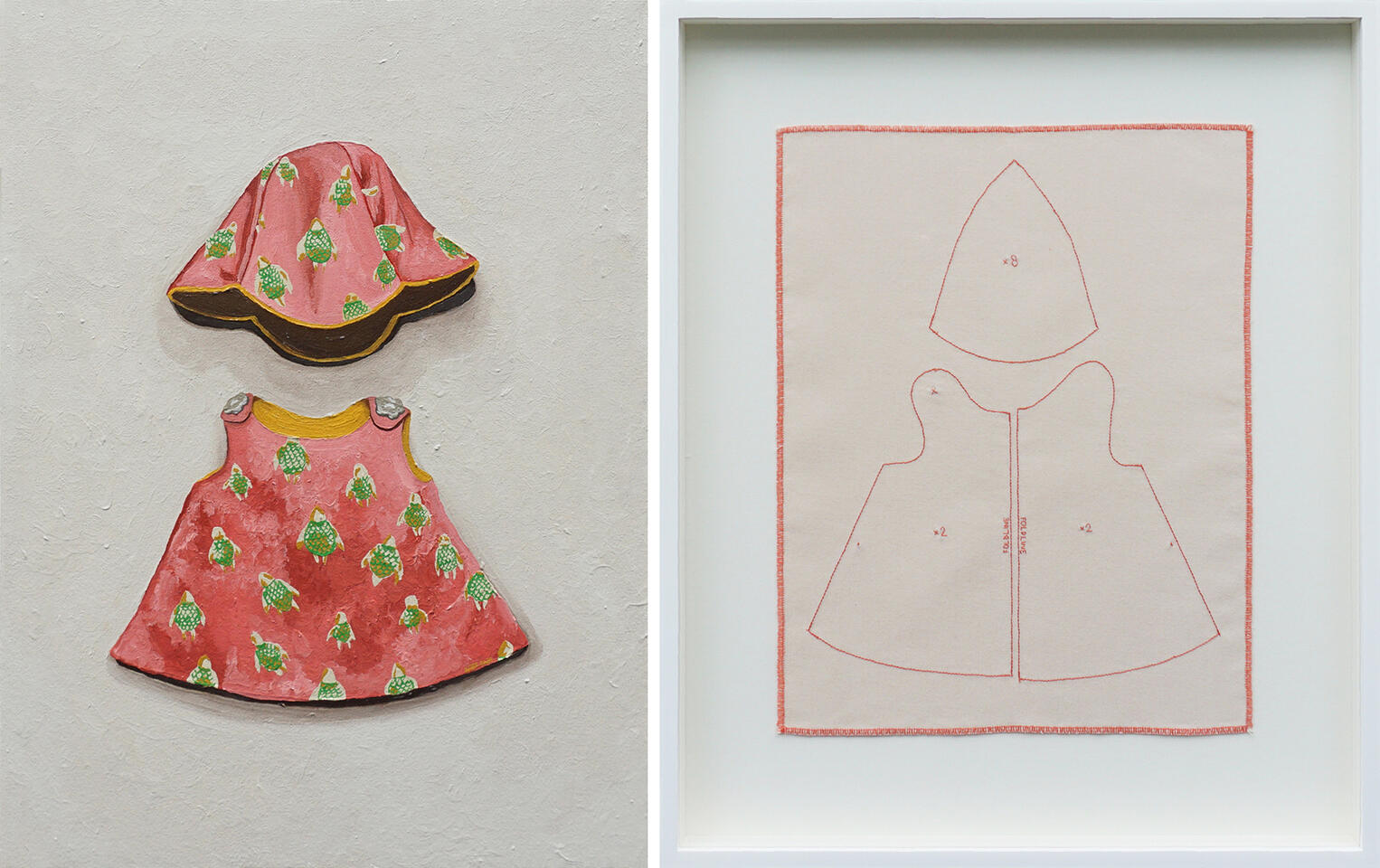 I want to be a girl in a summer dress and hat - Oil on canvas / Thread on fabric - 24 x 18 inches / 24.75 x 20.75 inches (diptych) - 2024