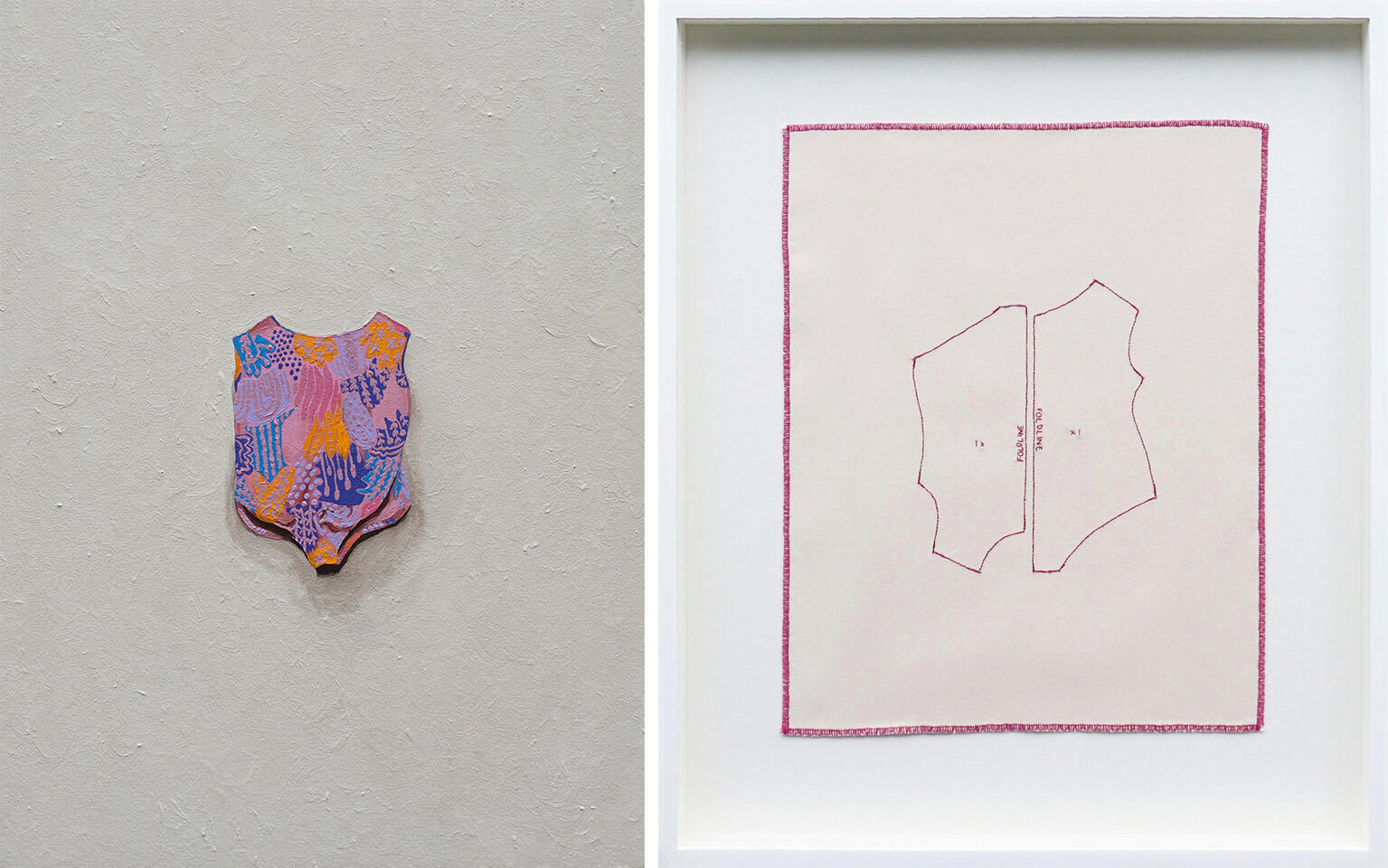 I want to be a girl in a pink swimsuit - Oil on canvas / Thread on fabric - 24 x 18 inches / 24.75 x 20.75 inches (diptych) - 2024